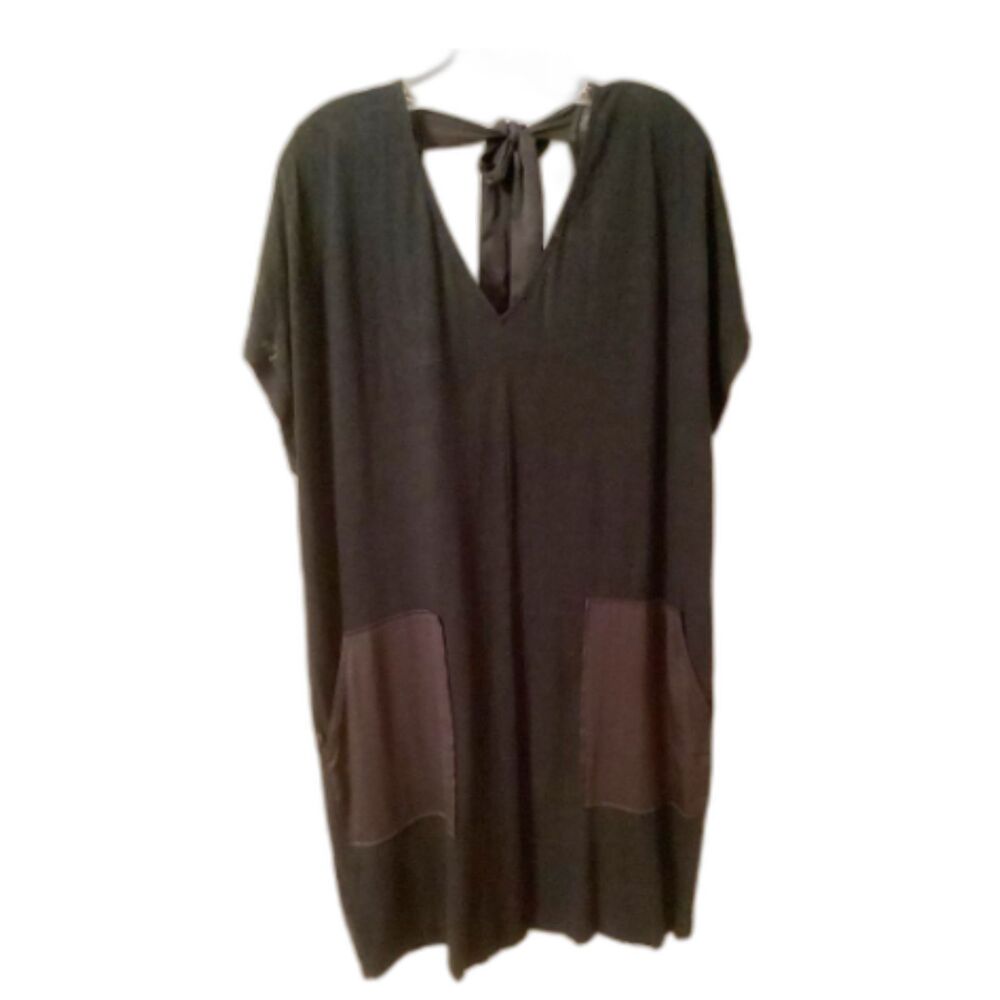 LOU & GREY SIZE LARGE BLACK LINEN BLEND OVERSIZED CAP SLEEVE DRESS WITH V BACK